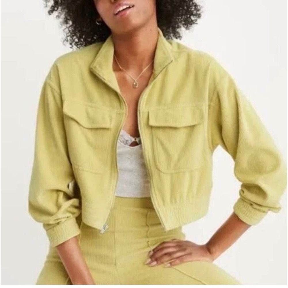 Aerie Groove On Velour Ribbed Zip Up Jacket Lime‎ Green Y2K Cropped Soft Women L